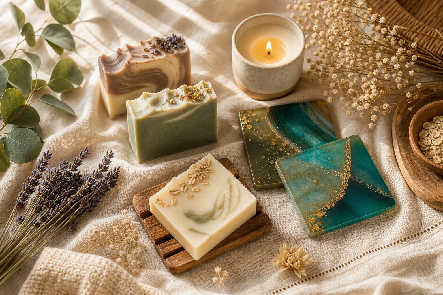 Handmade soap, candle and resin art flat lay